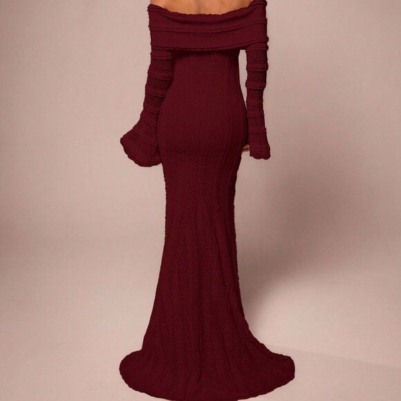 Burgundy Elegant Women's Off-Shoulder Maxi Dress - Picture 2 of 8